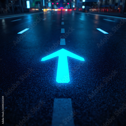 Futuristic Navigation Arrow on Smart City Road at Night