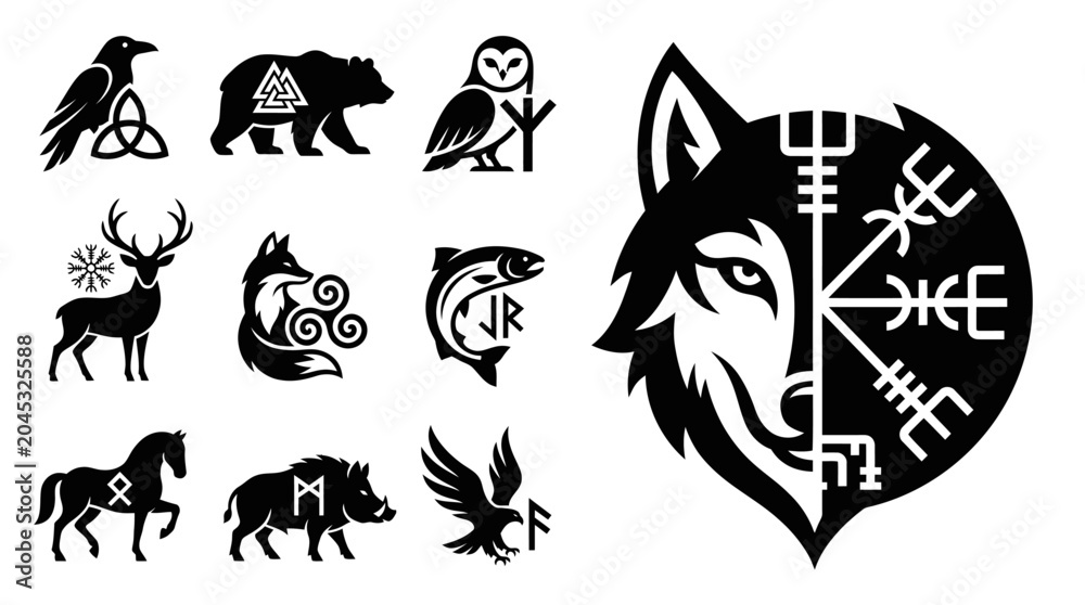 Obraz premium Norse Mythology Symbols: Animals, Runes, and Vegvisir