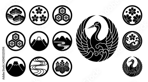 Fotografía Japanese Mon Family Crests and Symbols: Crane, Cherry Blossom, Mt