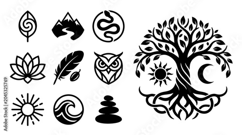 Tableau sur toile Esoteric Symbols: Tree of Life, Owl, Lotus, Sun, Moon, Snake, Mountains, Wave, F