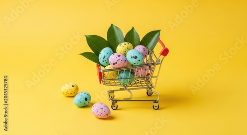 Easter eggs in a miniature shopping cart with green leaves on a yellow background