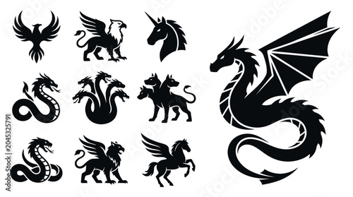 Slika na platnu Mythical Creatures Silhouette Collection: Dragon, Phoenix, Griffin, Unicorn, Hyd