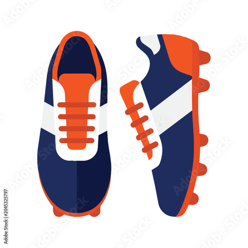 Flat illustration of blue and orange soccer cleats featuring top and side views of athletic football boots for sports and outdoor games