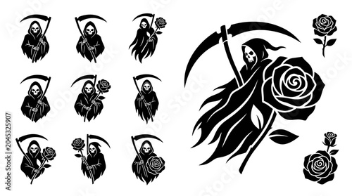 Foto Grim Reaper Silhouette with Roses, Death and Beauty Symbolism, Vector Art