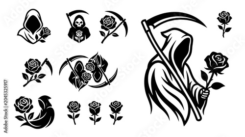 Bilde på lerret Grim Reaper with Roses Collection: Dark Silhouette Icons and Illustrations