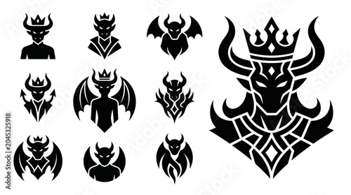 Photos Demon King Icons Set: Evil Royalty, Gothic Symbols, Fantasy Creature Silhouettes