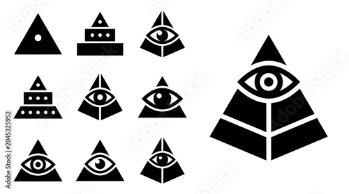 Foto All-Seeing Eye Pyramid Icons Set, Conspiracy Symbol, Secret Society, Occult Geom