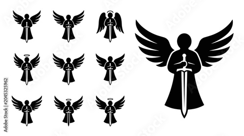 Fotografie Angel Silhouettes with Swords and Halos - Collection of Divine Warrior Icons