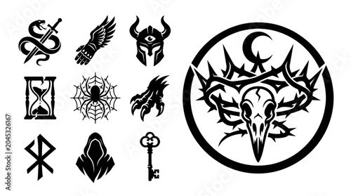 Tableau sur toile Mysterious Symbols Collection: Skull, Raven, Hourglass, Snake, Spider, Key, Rune