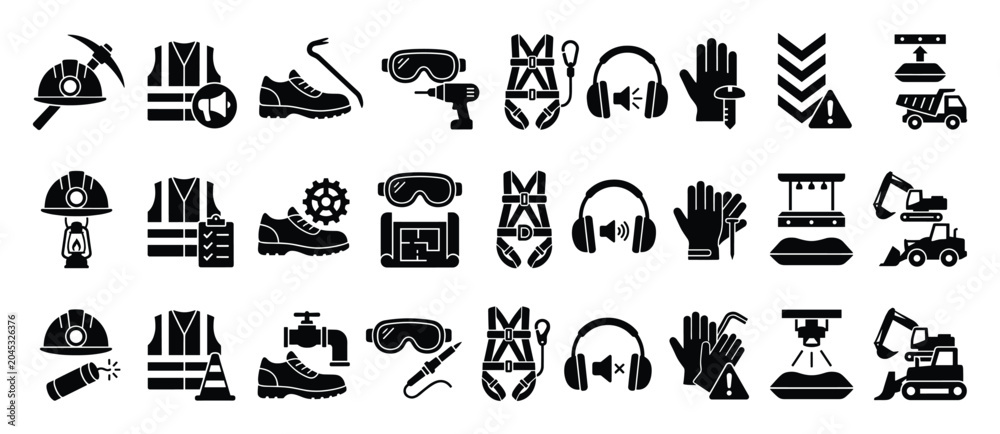 Fototapeta premium Construction safety icons set. Mining work symbols. Building tools and safety equipment pictograms. Flat style icon set.