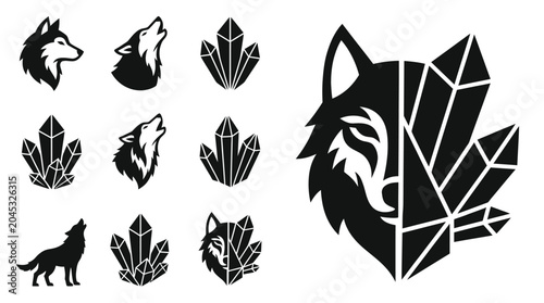 Foto Wolf and Crystal Icons Set: Geometric Designs and Howling Animals