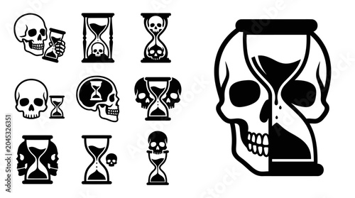 Photos Skull Hourglass Icons: Time Passing, Mortality, Gothic Symbols Collection