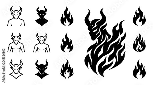 Obraz na płótnie Demon Fire Icons Collection: Horned Fiends and Burning Flames in Black and White