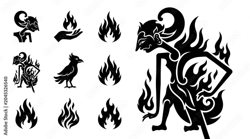 Obraz premium Indonesian Wayang Kulit Shadow Puppet Silhouette with Fire and Bird Icons