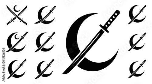 Obraz na płótnie Samurai Sword and Crescent Moon Icons: Japanese Culture, Warrior Symbolism, Cele