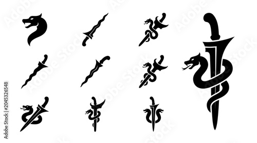 Fotografi Collection of Tribal Dragon and Serpent Kris Dagger Symbols