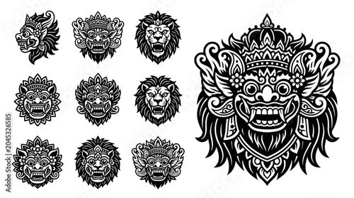 Fotografía Collection of Balinese Barong Masks and Lion Faces, Tribal Art, Black and White