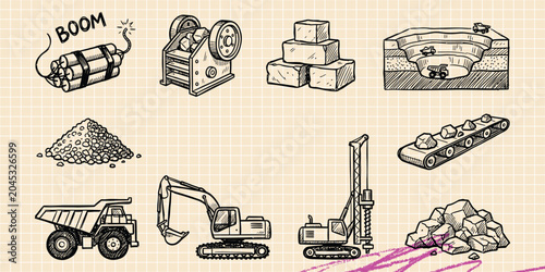 Black ink scribble doodle vector vintage hand drawn set of heavy machine crane construction builder industrial equipment and architecture industry