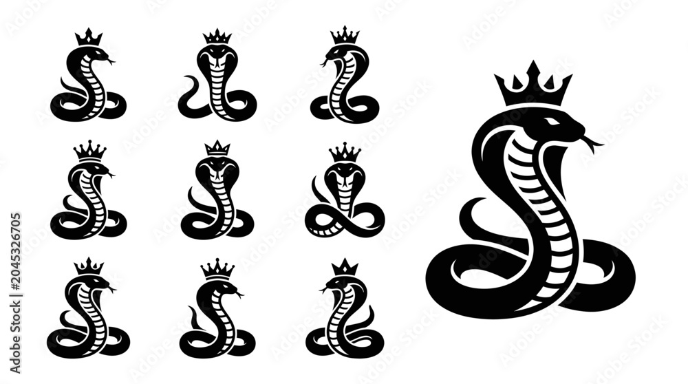 Fototapeta premium King Cobra Icon Set: Royal Snake Emblems and Logo Elements