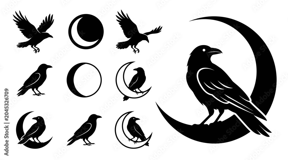 Obraz premium Mysterious Ravens and Moon Phases Silhouette Collection
