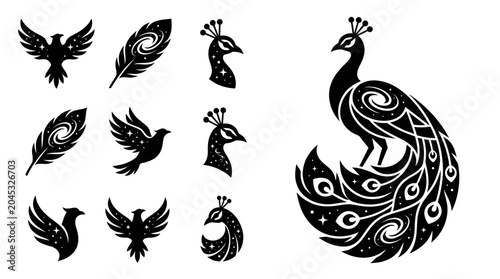 Принти на полотні Elegant Peacock and Birds Silhouettes with Cosmic Swirls and Stars