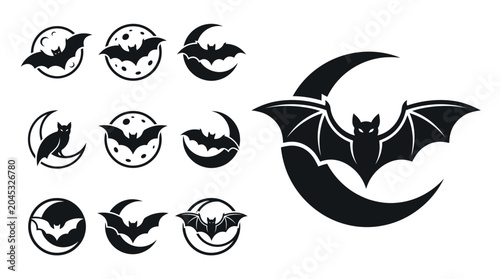 Fotografie Halloween Bat Icons and Crescent Moon Silhouette Collection