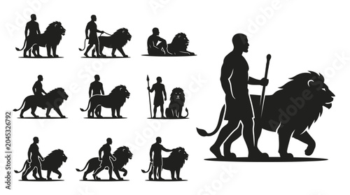 Schilderij op canvas Lion Tamer Silhouette Collection: Dynamic Poses of Man and Beast