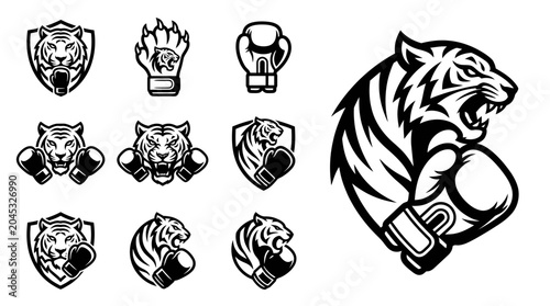 Cuadro en lienzo Tiger Boxing Emblems and Mascot - Fierce Animal Fighter Icons