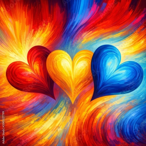 Vibrantly painted red, yellow, and blue hearts surrounded by dynamic swirling patterns and a fiery atmosphere. A bold and expressive visual composition.