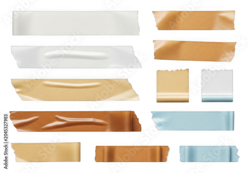 Set of various adhesive tape strips in brown beige and blue colors Isolated transparent png.