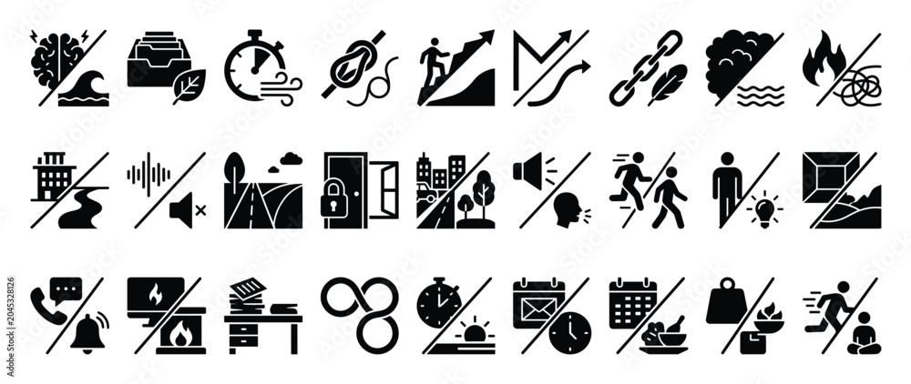Fototapeta premium Digital detox flat icon set. Stress management symbol collection. Worklife balance and focus pictograms for modern life. Stock vector.
