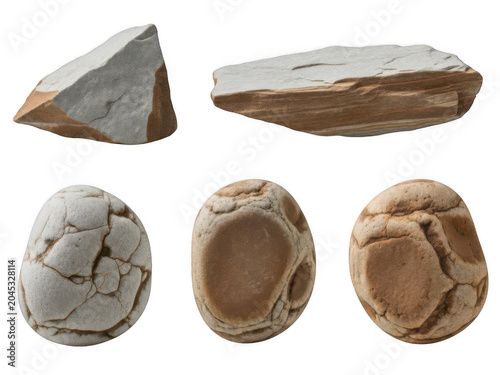 Ancient stone tools and artifacts collection on neutral background isolated transparent background Png.