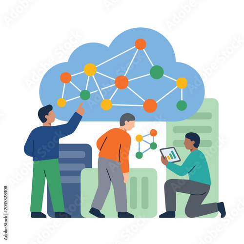 Flat vector team managing cloud data network.