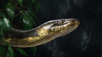 Lifelike Close-Up of a Snake Emerging from Green Leaves in Darkness