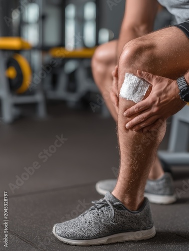 Close-up of an athlete applying an ice pack to a swollen knee while sitting on a training bench, clinical sports injury treatment and recovery concept