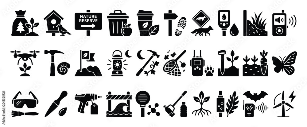 Naklejka premium Nature and outdoor flat icons set. Environmental conservation symbols. Science and research pictograms. Stock vector.