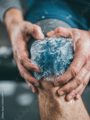 Close-up of an athlete applying an ice pack to a swollen knee while sitting on a training bench, clinical sports injury treatment and recovery concept