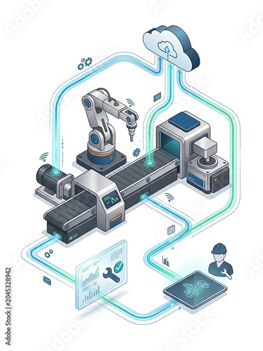 Smart factory automation concept illustrating advanced robotic manufacturing, cloud integration, and real-time data management for modern industrial processes