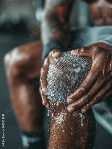 Close-up of an athlete applying an ice pack to a swollen knee while sitting on a training bench, clinical sports injury treatment and recovery concept
