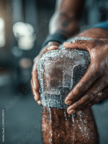 Close-up of an athlete applying an ice pack to a swollen knee while sitting on a training bench, clinical sports injury treatment and recovery concept