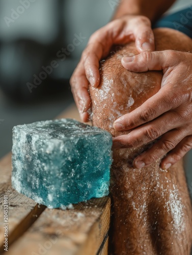 Close-up of an athlete applying an ice pack to a swollen knee while sitting on a training bench, clinical sports injury treatment and recovery concept