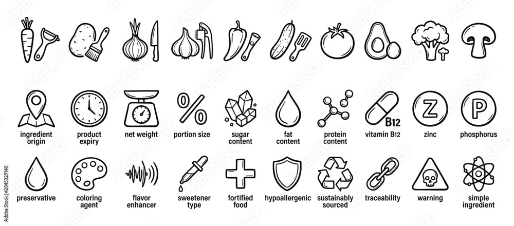 Obraz premium Food ingredients and nutrition outline icons. Food label and dietary information symbols. Outline icon collection. Vector illustration