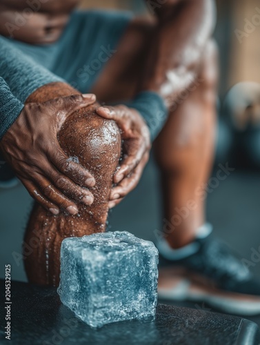 Close-up of an athlete applying an ice pack to a swollen knee while sitting on a training bench, clinical sports injury treatment and recovery concept
