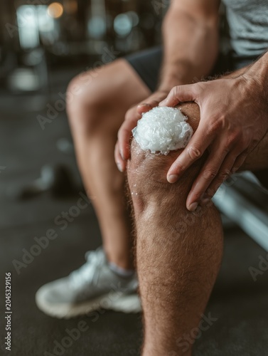 Close-up of an athlete applying an ice pack to a swollen knee while sitting on a training bench, clinical sports injury treatment and recovery concept