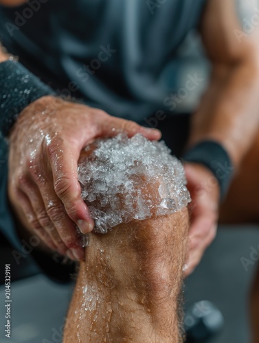 Close-up of an athlete applying an ice pack to a swollen knee while sitting on a training bench, clinical sports injury treatment and recovery concept