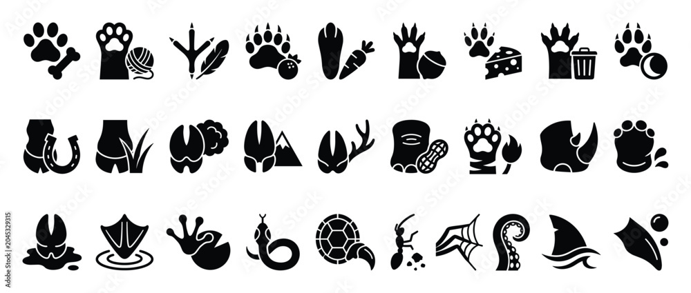 Fototapeta premium Animal paw prints icon set. Wildlife animal tracks symbols. Nature footprints collection. Flat style icon set. Stock vector.