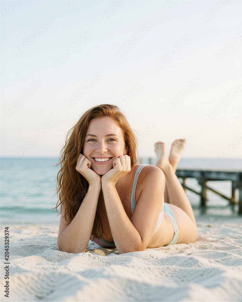 Obraz premium Woman with long brown hair wearing white bikini lying on sandy beach, facing camera with hands under chin, smiling brightly, ocean and pier in soft focus behind her.