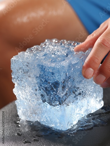 Close-up of an athlete applying an ice pack to a swollen knee while sitting on a training bench, clinical sports injury treatment and recovery concept