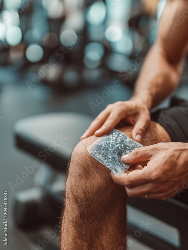Close-up of an athlete applying an ice pack to a swollen knee while sitting on a training bench, clinical sports injury treatment and recovery concept