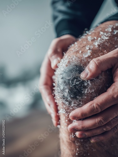 Close-up of an athlete applying an ice pack to a swollen knee while sitting on a training bench, clinical sports injury treatment and recovery concept